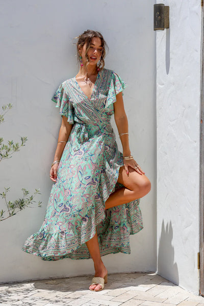 Ava Wrap Dress - Green Print