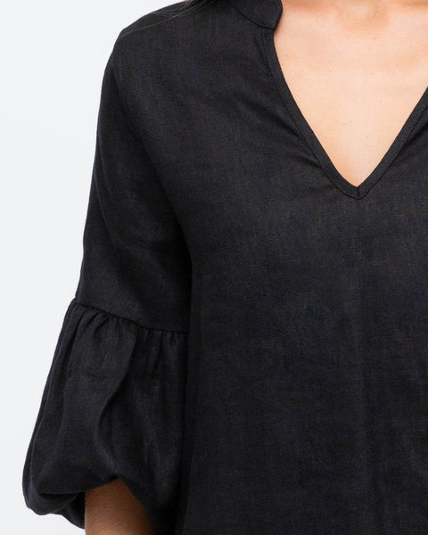 Linen V-Neck Blouse - Black