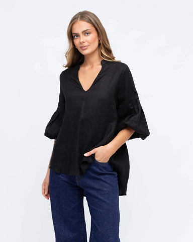 Linen V-Neck Blouse - Black