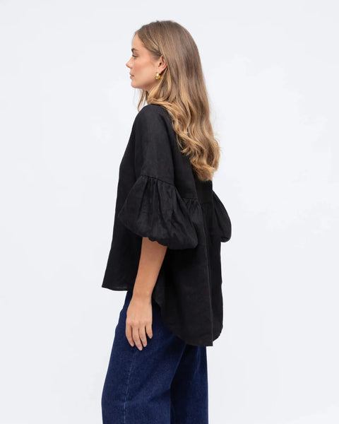 Linen V-Neck Blouse - Black