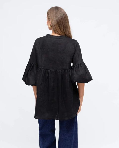 Linen V-Neck Blouse - Black
