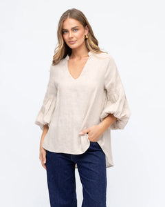 Linen V-Neck Blouse - Beige