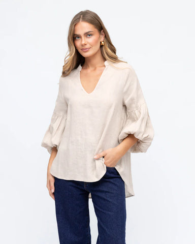 Linen V-Neck Blouse - Beige