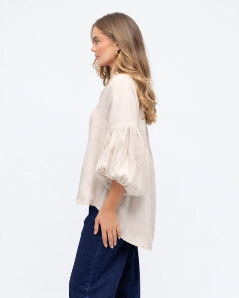 Linen V-Neck Blouse - Beige