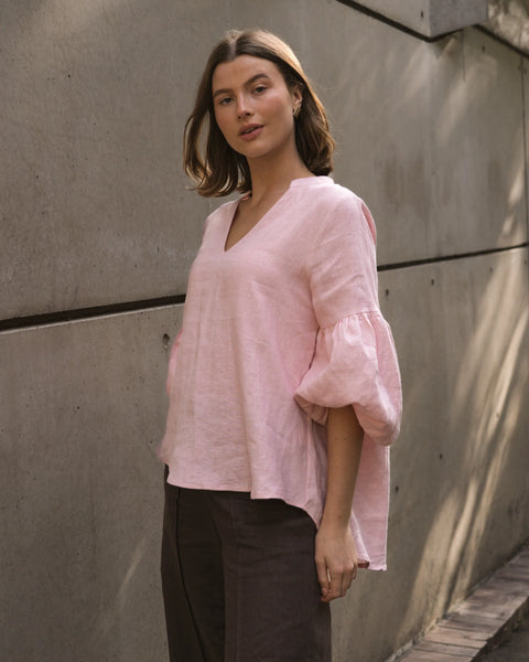 Linen V-Neck Blouse - Pink