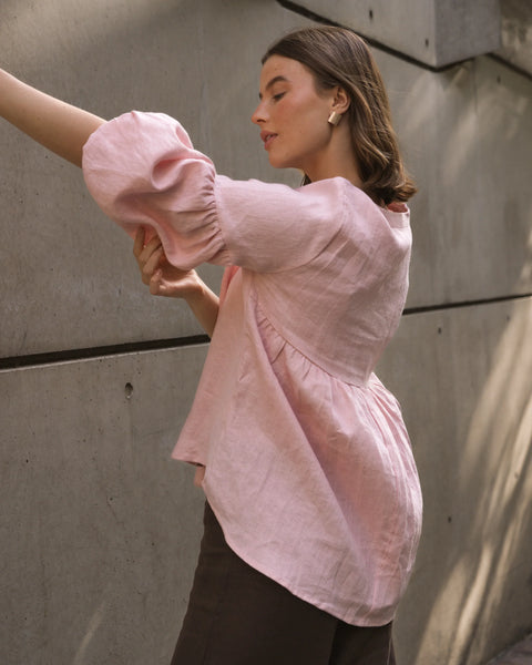 Linen V-Neck Blouse - Pink