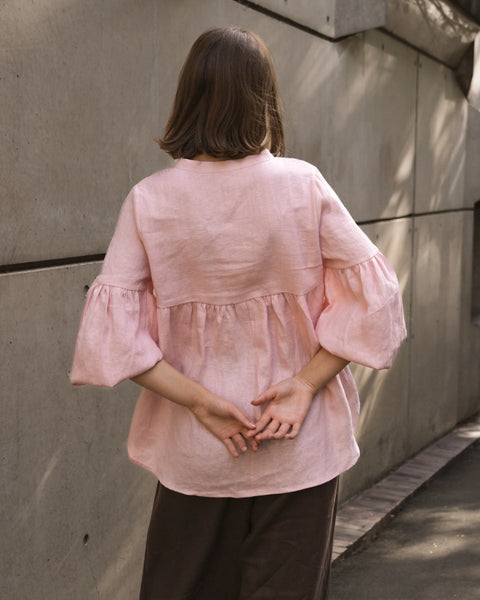 Linen V-Neck Blouse - Pink