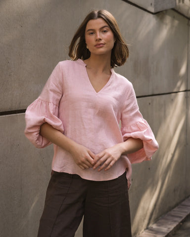Linen V-Neck Blouse - Pink