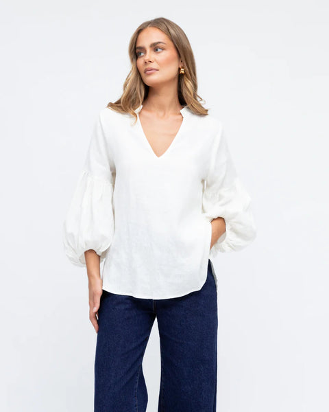 Linen V-Neck Blouse - White