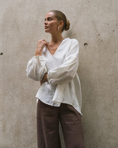 Linen V-Neck Blouse - White
