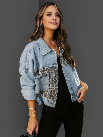 Leopard Trim Denim Jacket